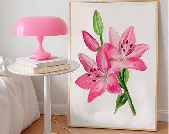 Pink Lilies Print | 100% Hand Drawn | Digital Art Download | Cute Summer Art Print | Trendy Beach House Decor | Floral Wall Art