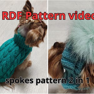 May include: Two small dogs wearing teal blue knitted sweaters with a cable knit pattern. The text "RDF Pattern video" and "spokes pattern 2 in 1" is visible in the image.