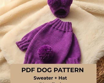Modello fai da te per realizzare vestiti a maglia per cani / Maglione e cappello viola in formato PDF