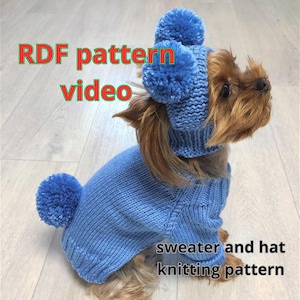 May include: A blue knitted sweater and hat set for a small dog. The hat has two blue pom-poms on top. The sweater has a blue pom-pom on the tail. "RDF pattern video" and "sweater and hat knitting pattern" are written on the image.