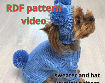 Knit sweater- hat dog pattern, Puppy sweater knit pattern RDF, Dog hat with pom poms pattern, Yorkie and chihuahua jumper knitting pattern
