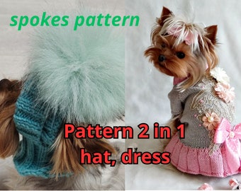 Dress and hat for small dogs - 2 in 1 knitting pattern - Dog dress pattern - Hat dog pattern - English Pattern