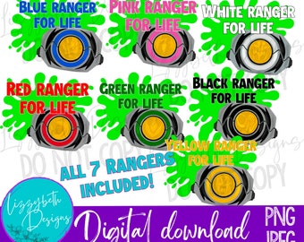 90s Power Ranger PNG Sublimation Design Bundle, All 7 Ranger Colors Included