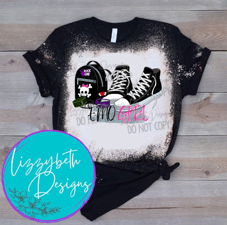 May include: Black bleached t-shirt with a white graphic design featuring a pair of black and white sneakers, a black backpack with a skull and crossbones, and the text "Emo Girl".
