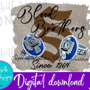 May include: Digital download of a graphic design featuring two rings with blue and silver details. The rings have the words "Damon Salvatore" and "Stefan Salvatore" on them. The graphic also includes the text "Blood Brothers Since 1864".