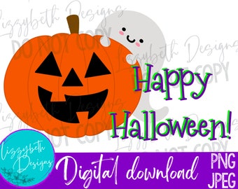 May include: A digital download of a Halloween-themed graphic featuring a smiling orange pumpkin with a black jack-o'-lantern face and a white ghost with a friendly face. The text "Happy Halloween!" is written in green and purple letters.