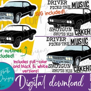 Op de afbeelding: Digitale download met illustraties van zwarte auto's met de teksten "Driver Picks the Music" en "Shotgun Shuts His Cakehole." Inclusief full-color en zwart-wit versies, stickercontouren en SVG-bestanden.