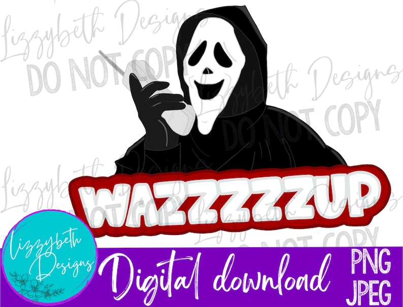 Op de afbeelding: Een digitale download van een afbeelding met een figuur met een wit masker die een telefoon vasthoudt met de tekst "WAZZZZZUP" in rode en witte letters.