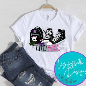 May include: White t-shirt with a graphic design of a black backpack with a skull and crossbones, a pair of black and white high-top sneakers, and the text "Emo Girl".