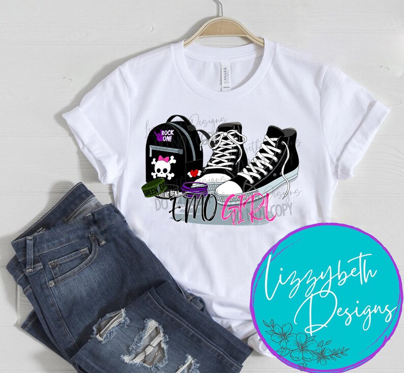 May include: White t-shirt with a graphic design of a black backpack with a skull and crossbones, a pair of black and white high-top sneakers, and the text "Emo Girl".