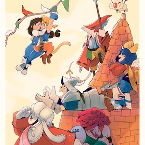 May include: Illustration of a group of Final Fantasy characters. Two characters are swinging from a banner. Other characters are on a rooftop, including a red-robed mage, a knight, and a Moogle. The artwork has a cartoon style.
