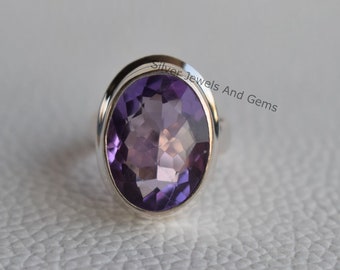 Natural Amethyst Ring, Handmade Ring, 925 Sterling Silver Ring, Oval Checker Amethyst Ring, February Birthstone Ring, Birthday Ring