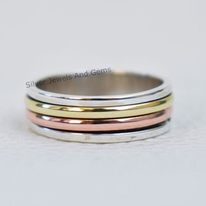 Spinner Ring, 3 Tone Spinner Ring, Meditation Ring, Handmade Ring, 925 Sterling Silver Ring, Silver Brass Copper Ring, Fidget Ring