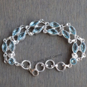 Natural Blue Topaz Bracelet, 925 Sterling Silver Wedding Bracelet, Handmade Bracelet, Marquise Topaz Designer Bracelet, Gift for Her
