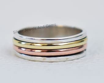 Spinner Ring, 3 Tone Spinner Ring, Meditation Ring, Handmade Ring, 925 Sterling Silver Ring, Silver Brass Copper Ring, Fidget Ring