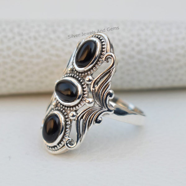 Multi Stone Black Onyx Ring-Handgemaakte Zilveren Ring-925 Sterling Zilveren Ring-Ovale Zwarte Onyx Designer Ring-December Birthstone-Multistone Ring