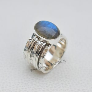 Labradorite Ring , Spinner Ring, Meditation Ring, Fidget Ring, 925 Sterling Silver Ring, Thumb Ring, Anxiety Ring, Hammered Band Ring