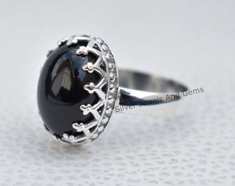 Black Onyx Crown Ring, Handmade 925 Sterling Silver, December Birthstone