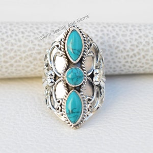 Anillo de turquesa natural, plata de ley 925, anillo de diseño redondo marquesa, piedra de nacimiento de diciembre, anillo con varias piedras, anillo hecho a mano.