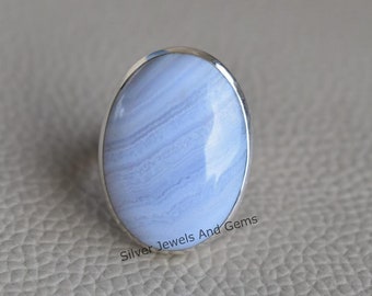 Natural Blue Lace Agate Ring-Handmade Silver Ring-925 Sterling Silver Ring-Oval Blue Lace Agate Ring-Gift for her-Promise Ring