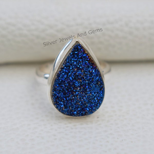 Natural Titanium Druzy Ring-Handmade Silver Ring-925 Sterling Silver Ring-Teardrop Blue Titanium Druzy Ring-Gift for her-Promise Ring
