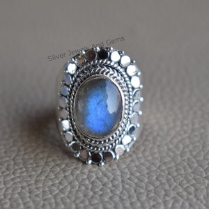 Natural Labradorite Ring, Handmade Boho Ring, 925 Sterling Silver Ring, Oval Designer Ring, Promise Ring, Gift For Mom, Blue Firing Stone