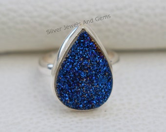 Bague druzy en titane naturel, bague en argent faite main, bague en argent sterling 925, bague druzy en titane bleu, cadeau pour elle, bague de promesse