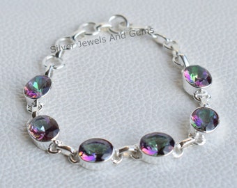 Mystic Topaz Bracelet, Handmade Bracelet, Women Bracelet, 925 Sterling Silver Bracelet, Oval Topaz Bracelet, Wedding Gift