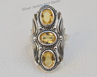 Bague citrine naturelle, argent sterling 925, bague faite main, bague ovale multi-pierres, bague de créateur, cadeau pour amis, cadeau d'anniversaire