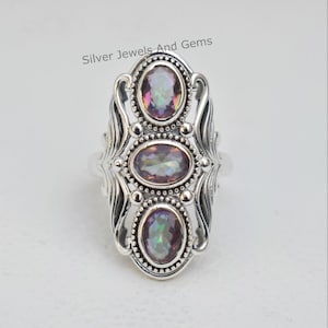 Natural Mystic Topaz Ring-Multi Stone Ring-Handmade Silver Ring-925 Sterling Ring-Oval Mystic Topaz Ring-Gift for her-Promise Ring