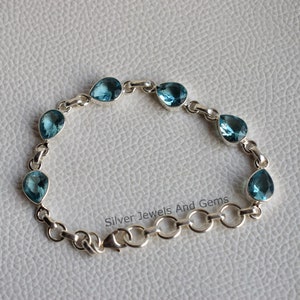 Natural Blue Topaz Bracelet, Handmade Bracelet for Women, 925 Sterling Silver Bracelet, Teardrop Blue Topaz Bracelet, Wedding Bracelet