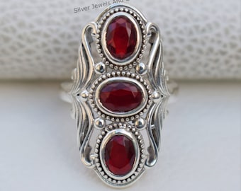 Natural Garnet Ring-Handmade Silver Ring-925 Sterling Silver Ring-Oval Garnet Designer Ring-Gift for her-January Birthstone-Multi Stone Ring
