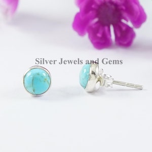 Round Turquoise Stud Earrings, Arizona Turquoise Studs, Tiny Round Stud Earrings, 925 Sterling Silver Studs, Gift for Daughter