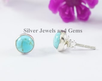 Round Turquoise Stud Earrings, Arizona Turquoise Studs, Tiny Stud Earrings, 925 Sterling Silver Studs, Gift for Daughter