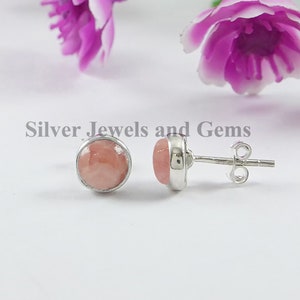 Rhodochrosite Stud Earrings, 925 Sterling Silver Studs, Round Stud Earrings, Natural Gemstone Studs, Birthday Earrings, Pink Stone Studs