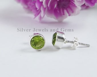 Peridot Stud Earrings, Round Earrings, 925 Sterling Silver Studs, Tiny Stud Earring, Handmade Earrings, Green Peridot Earrings, Gift for her