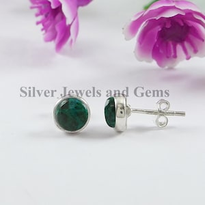 Round Chrysocolla Stud Earrings, Tiny Gemstone Studs, 925 Sterling Silver Studs, Green Stone Studs, Anniversary Gift, Handmade Earrings