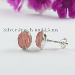 Rhodochrosite Stud Earrings, Oval Stud Earrings, Natural Gemstone Studs, Wedding Earrings, 925 Sterling Silver Studs, Pink Stone Studs