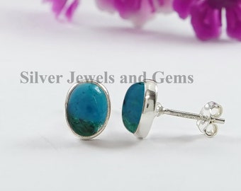 Natural Chrysocolla Stud Earrings, Oval Gemstone Studs, 925 Sterling Silver Studs, Green Stone Studs, Gift for Wife, Handmade Earrings