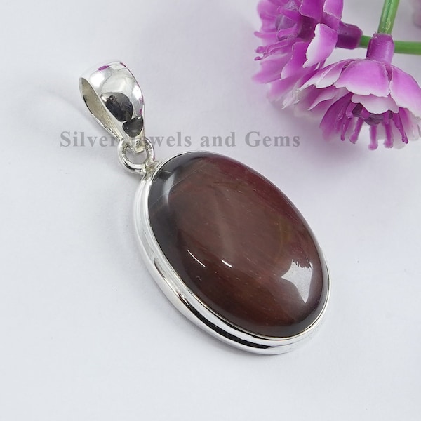 Tiger Eye Pendant, Oval Pendant, 925 Sterling Silver Pendant, Gift For Wife, Red Tiger Eye Pendant, Handmade Pendant, Gemstone Pendant