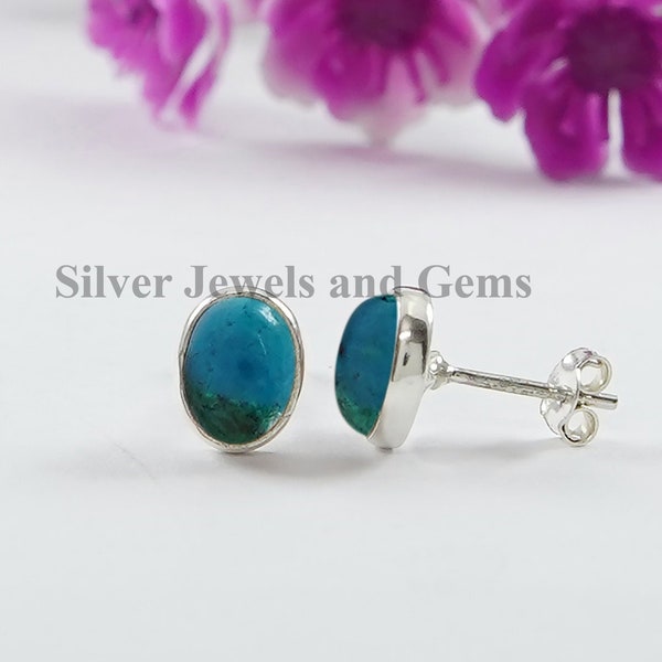 Natural Chrysocolla Stud Earrings, Oval Gemstone Studs, 925 Sterling Silver Studs, Green Stone Studs, Gift for Wife, Handmade Earrings