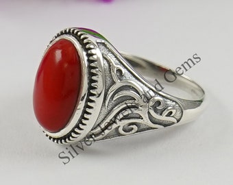Red Coral Silver Ring 925 Solid Sterling Silver Handmade Jewelry Size 3-13 US Red Coral Silver Ring 925 Solid Sterling Silver Handmade Jewelry Size 3-13 US