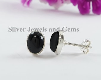 Orecchini a bottone in onice nero naturale, orecchini a bottone in argento sterling 925, orecchini a bottone ovali in onice nero, regalo per la mamma, pietra portafortuna di dicembre, orecchini a bottone in argento fatti a mano