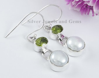 Natural Pearl and Peridot Earring, Handmade Earrings, 925 Sterling Silver, Round Fresh Water Pearl Earrings, Gift for Mom, Peridot Earring