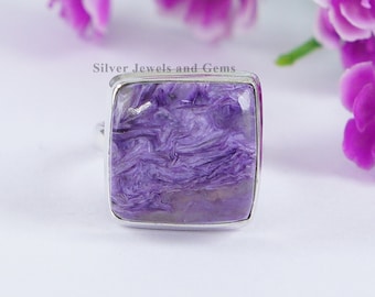 Genuine Charoite Ring, Handmade Ring, 925 Sterling Silver Ring, Square Gemstone Ring, Gift for Girls, Sagittarius Birthstone Ring