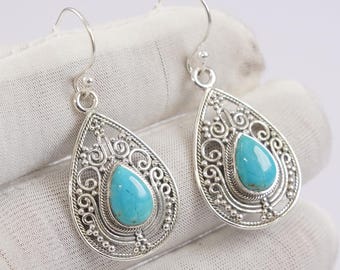 Turkos hängande örhängen, droppformade Kingman turkosa handgjorda örhängen, 925 sterlingsilverörhängen, födelsedagspresent