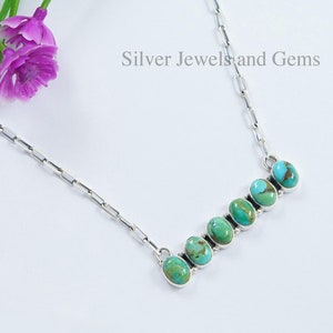 Collana con barra di turchese naturale, collana di compleanno, collana in argento sterling 925, collana con più pietre, collana con catena con graffetta fatta a mano