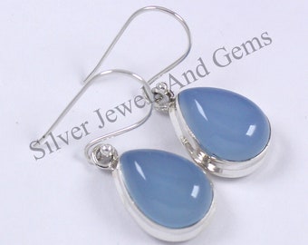 Natural Blue Chalcedony Earrings, Handmade Silver Earrings, 925 Sterling Silver, Teardrop Chalcedony Earrings, Sagittarius Birthstone