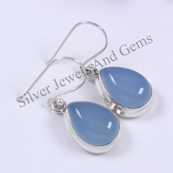 Natural Blue Chalcedony Earrings, Handmade Silver Earrings, 925 Sterling Silver, Teardrop Chalcedony Earrings, Sagittarius Birthstone