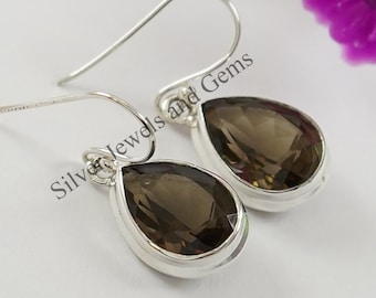 Natural Smoky Topaz Earrings-Handmade Silver Earrings-925 Sterling Silver Earring-Teardrop Smoky Earrings-Gift for her-Capricorn Birthstone
